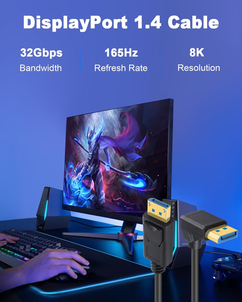 Duttek Displayport Cable 90 Degree 1.4 (3FT/1M), UP Angle Displayport Cable 1.4 240hz Male to Male Support 8K@60Hz, 4K@144Hz, 1080P@240Hz for Computers, DVD, Gaming Equipment, TVs - Image 3